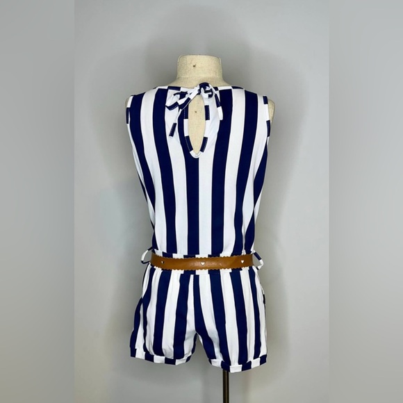 Striped Sleeveless Romper with Belt - Picture 2 of 2